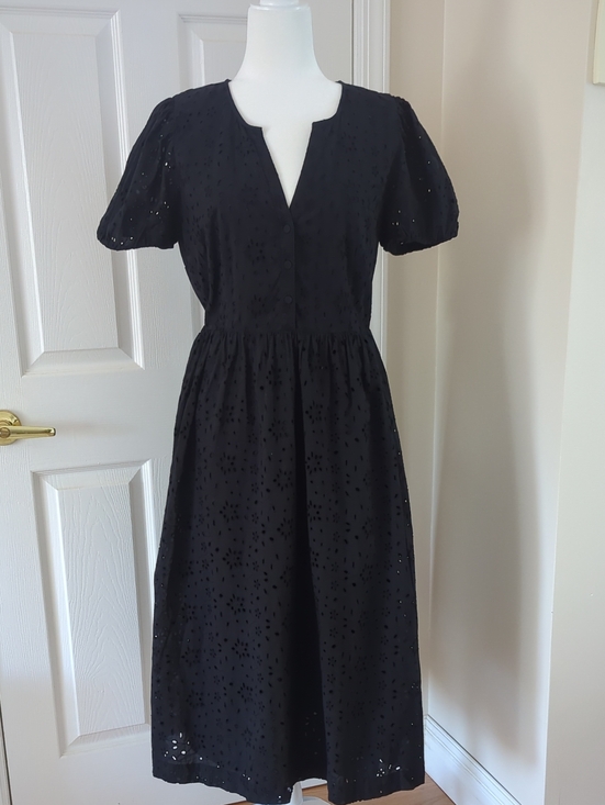 J. Crew Dresses & Skirts - J. Crew Black Eyelet Midi Dress with Puff Sleeves and V-Notch